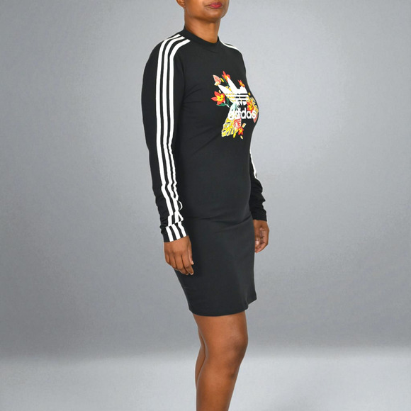 Adidas HER Studio London Floral Trefoil Dress Black Long Sleeve Mini Logo Medium - Picture 6 of 15
